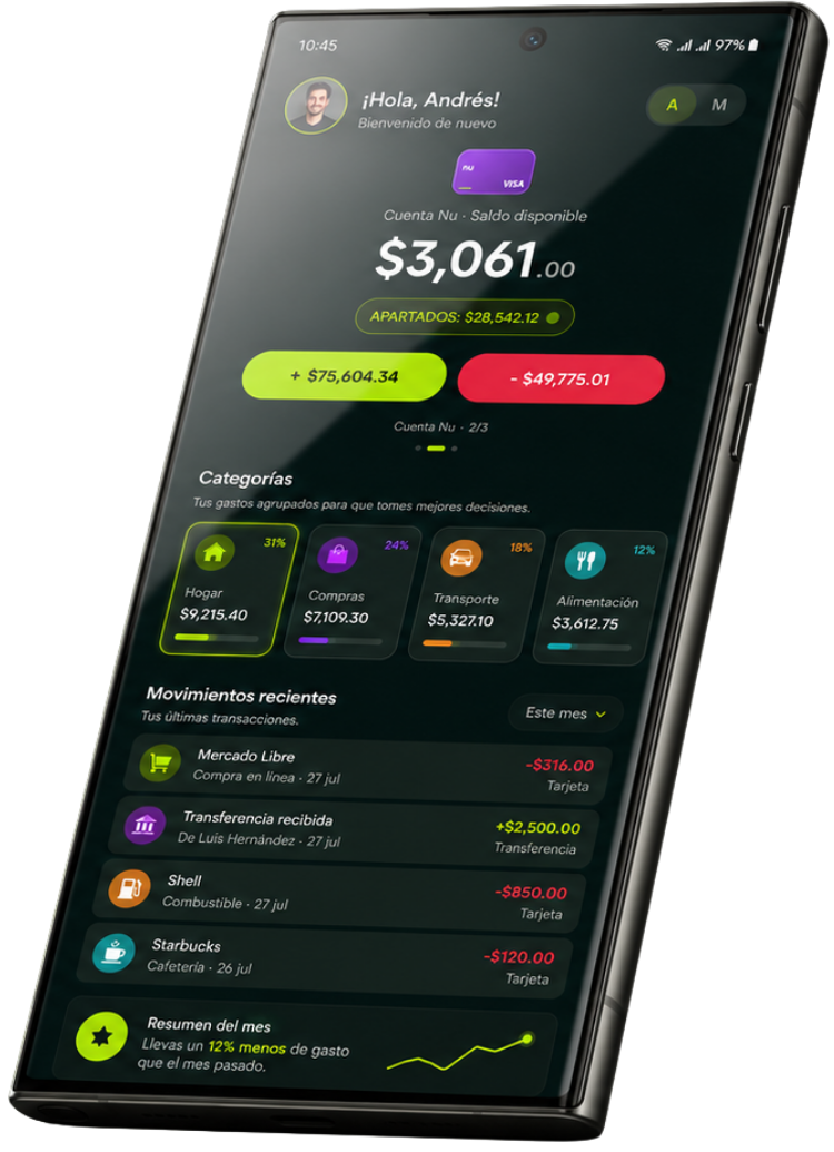 Dashboard de Nexus con cuentas, gastos y movimientos